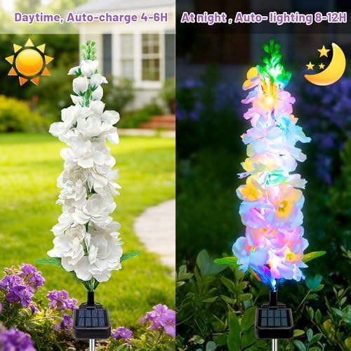 MRHEPHAESTUS Solar Garden Lights, Delphinium Flowers 2 Pack 40 LEDs, Waterproof Outdoor Lights Two Lighting Modes for Wedding Party Garden Yard Patio Lawn Decor and Gift for Mother - Image 3