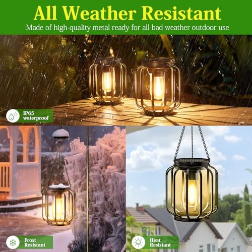 Solar Hanging Lanterns Outdoor: 2 Pack Metal Solar Hanging Lights with Hook, Bright - Warm Waterproof LED Lanterns for Outside, Classic Decorative Solar-Powered Light for Yard Garden Patio Porch Decor - Image 6