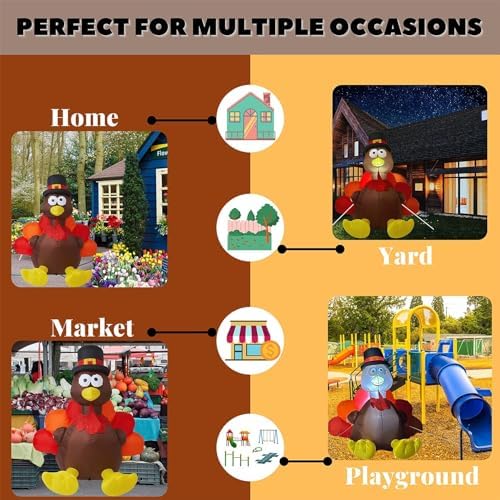 Thanksgiving 6FT Inflatable Turkey with Pilgrim Hat Yard Decoration - LED Light Up Blow Up Turkey for Outdoor Indoor Lawn Thanksgiving Yard Decorations and Autumn Holiday Family Party Display - Image 7