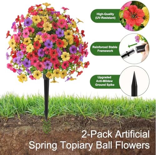 Alupssuc 2Pcs 20" Artificial Topiary Ball Flowers, UV Resistant Outdoor Faux Plants with Ground Spikes, Fake Bushes, 4 Colors Mix Spring Summer Decor for Garden, Porch, Patio & Indoor Planters - Image 3