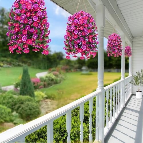 Artificial Fake Hanging Flowers Plants for Outdoor Outside Spring Summer Decoration 4PCS Faux Silk UV Resistant Realistic Morning Glory Trailing Vines for Home Porch Patio Balcony(Rose red & Magenta) - Image 5