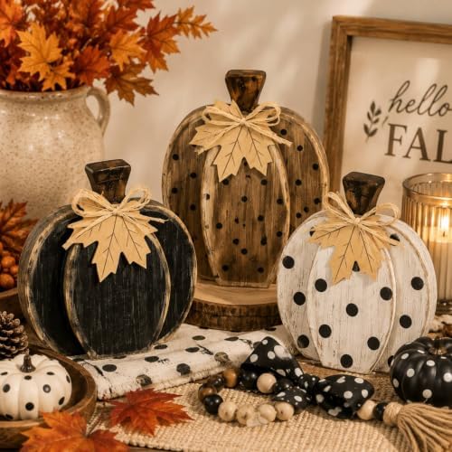 Cinnvoice 3 Pcs Fall Pumpkin Decor, Black White Pumpkin Tabletop Signs - Image 2