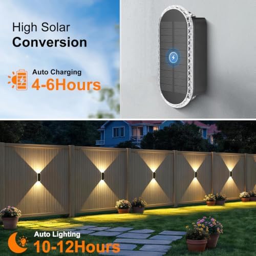 Ellasay Solar Fence Lights Outdoor: 6-Pack Solar Powered Wall Lights Up and Down Waterproof IP65-3 Color Brighter LED Focus Lens SolarLights Dusk to Dawn 12h for Patio/Backyard/Porch/Railing - Image 3