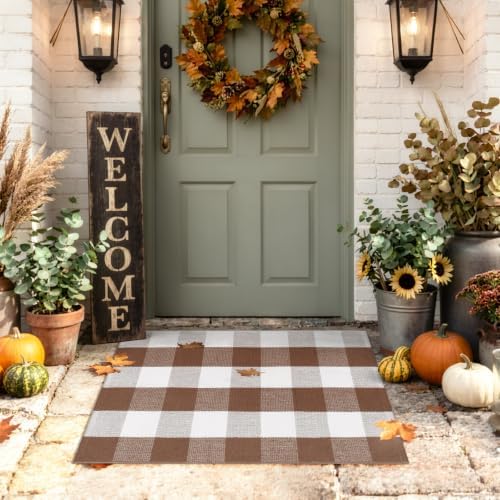 Uphome Bufflo Plaid Outdoor Rug 2'x3', Fall Decor Small Checkered Front Door Mat, Indoor Outdoor Farmhouse Cotton Porch Rug for Layered Door Mats, Washable Brown Area Rugs for Patio Entryway by Uphome