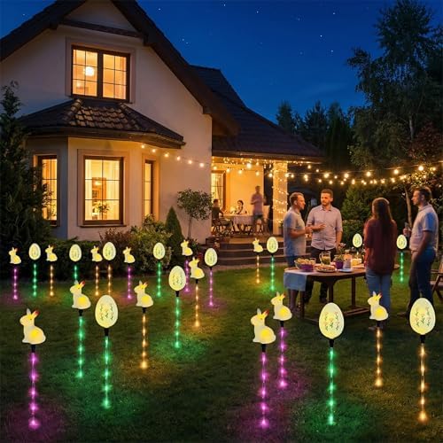 Easter Decorations Solar Pathway Lights, 6pcs Easter Bunny and Egg Lights with 8 Lighting Modes, Outdoor LED Colored Stake Lights for Lawn Yard Porch Patio Decoration (White - Rabbit+Egg) - Image 4