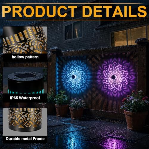 2PCS Seven-Color Changing Solar Mandala Projection Wall Light, Metal Mandala Projection Wall Light, Solar Powered Waterproof Color Changing Light for Yard Art Porch Patio Backyard Decor - Image 4