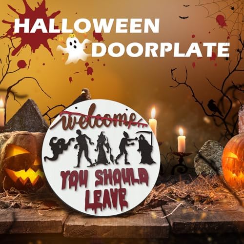 Halloween Horror Welcome Sign for Front Door, Welcome You Should Leave Sign, Horror Movie Characters Door Hanger, Halloween Door Sign Scary Halloween Decorations Wreath for Farmhouse Porch Wall Decor - Image 2