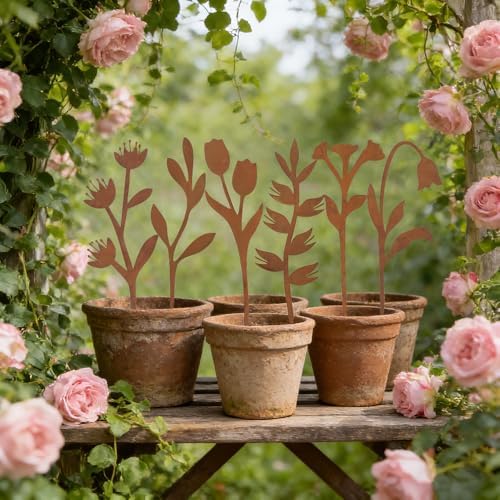 hogardeck Garden Decor for Outside, 6 Pcs Rusty Metal Flower Garden Stakes with Fern Leaf Design for Outdoor Yard Art, Rustic Plant Stakes for Flower Bed, Pot, Vase - Image 6