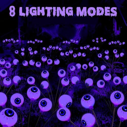 Halloween Outdoor Decorations, 2 Pack 16 LED Eyeball Solar Garden Lights, 8 Modes Scary Halloween Lights Waterproof for Yard Garden Lawn Pathway Party Decorations (Purple) - Image 6