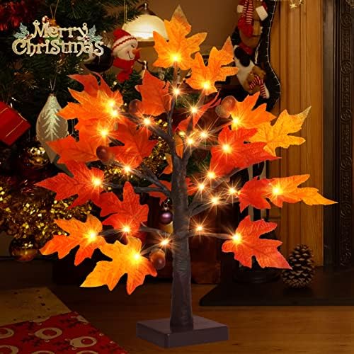 2Pack Artificial Fall Lighted Maple Tree - 1.5FT 36 LED Thanksgiving Decor Lights, Battery Operated Tabletop Lamp with 6 Acorns, 6-Hours Timer, for Wedding Party Indoor Outdoor Autumn Decor… - Image 5