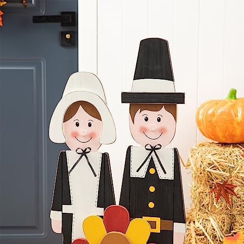 Glitzhome 36''H Thanksgiving Pilgrim Couple with Turkey Porch Sign, Farmhouse Wooden Welcome Sign Standing Porch Decor for Fall Harvest Autumn Thanksgiving - Image 7
