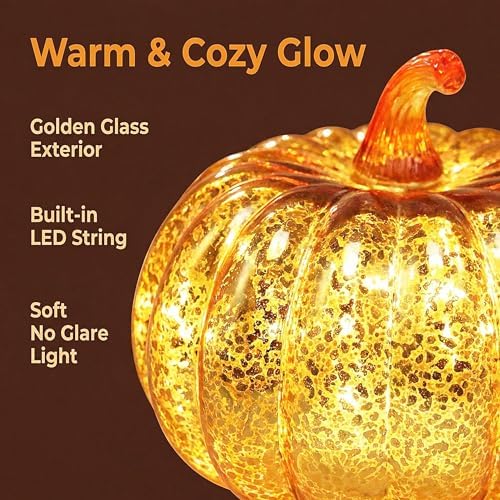 Fall Decorations for Home,Mercury Glass Pumpkin Lights with Timer(Gold) - Image 2