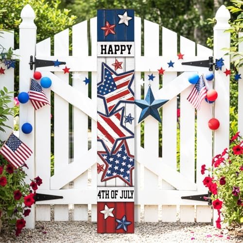 Threehoney 47" Large 4th of July Front Porch Sign Patriotic Wooden Vertical Door Sign with American Flag Colors Red White Blue Outdoor Decor for Independence Day 250th Anniversary Home Entryway - Image 6
