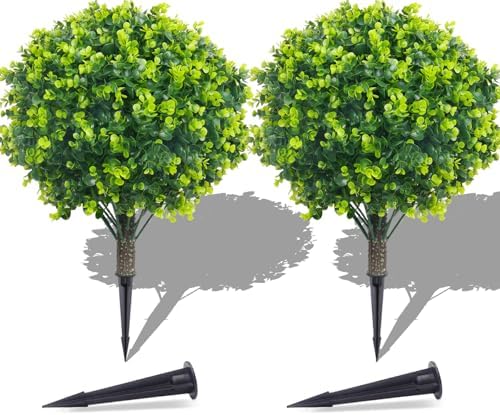 PATIO CHOICE Topiary Trees Artificial Outdoor Boxwood Ball Trees with Ground Spike Set of 2 22" Fake Outdoor Plants Faux Bushes and Shrubs Decorations for Outdoor Indoor Front Porch Garden by LittleBeaver