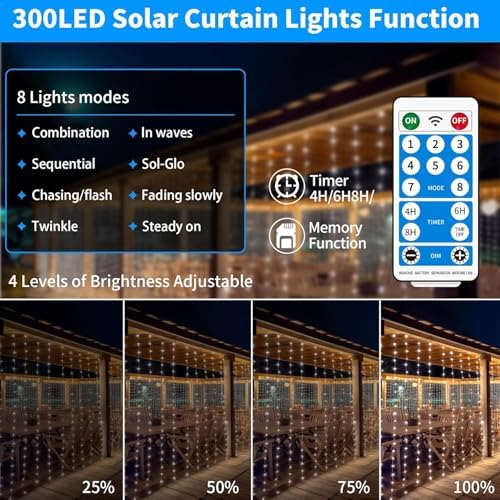 Solar Curtain Lights 10*10Ft 300LED Waterproof Waterfall Light with 8 Modes Remote Type C Charging Dimmable Timer Twinkle Fairy String Lights for Outdoor Christmas Gazebo Wedding Party Pergola Patio - Image 3