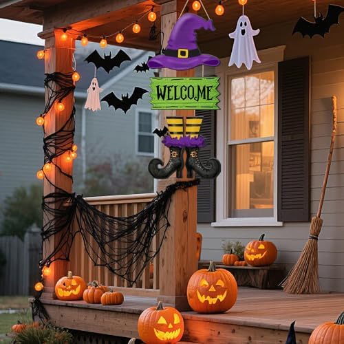 Halloween Door Sign Witch Wreath Decorations Witch Welcome Door Sign Hallowee Wooden Door Hanging Decorations Halloween Witchy Porch Sign for Front Door Porch Wall Decor - Image 2