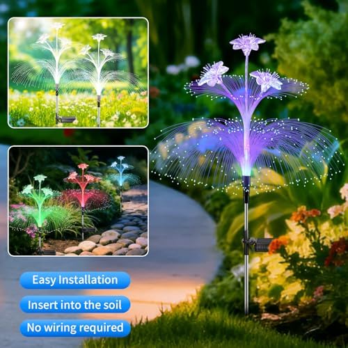 Solar Lights Outdoor 2 Pack, Fiber Optic Flower Solar Stake Lights, Waterproof Auto On/Off Solar Powered Garden Lights for Yard Patio Lawn Pathway Poolside Holiday Party - Image 2