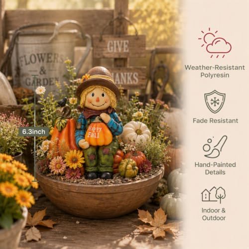 TERESA'S COLLECTIONS Fall Outdoor Decor Scarecrow Pumpkin Solar Resin 6.3" - Image 5