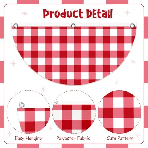 4 Pcs Red White Gingham Pleated Fan Flags, Red White Plaid Bunting Fan Flag Decoration with Metal Grommet 1.5 x 3 Ft, Red Half Fan Flag Banner for Indoor Outdoor House Garden Patio Yard Decor - Image 6