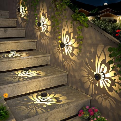 Hapjoy Solar Fence Lights 4 Pack Solar Deck Lamps Outdoor Decorations Powered Step Lights Wall Waterproof LED Warm Decorative Lighting for Garden (Butterfly-Flower, 4) - Image 5