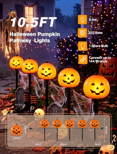 10.5FT Halloween Pathway Lights, 5PK LED Jack o Lantern Stake Lights - Image 2