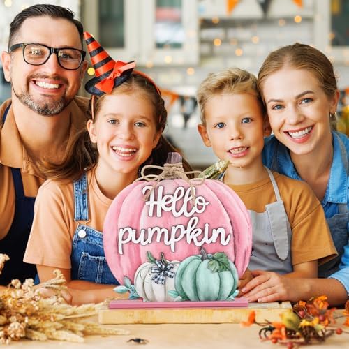 Soaoo Thanksgiving Decoration Wooden Fall Hello Pumpkin Sign Autumn Pumpkin Table Decor 11 Inch Wooden Autumn Desktop Ornament for Thanksgiving Harvest Day Farmhouse Home Living Room (Pink, Lovely) - Image 6