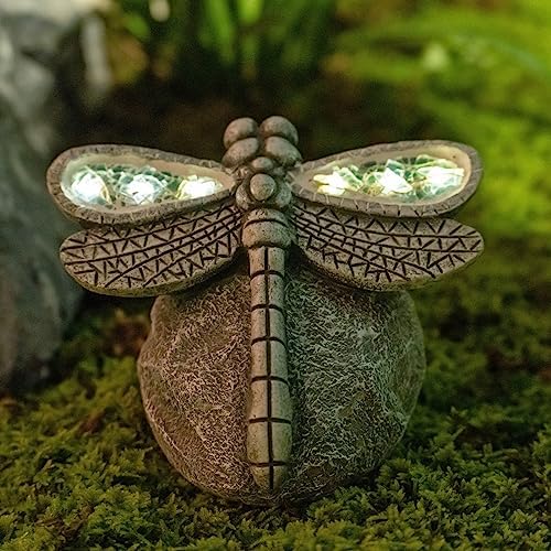Rezpuao Garden Statue Dragonfly,Solar Dragonfly Decor for Outdoor,Resin Dragonflies Figurine with Solar Light for Patio,Balcony,Yard,Lawn Ornament,Perfect Garden Gift by Rezpuao