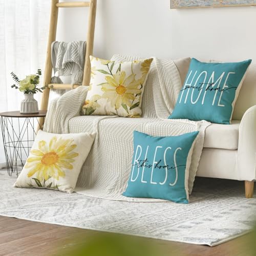 AVOIN colorlife Home Sweet Home Spring Summer Flowers Yellow Throw Pillow Covers, 20 x 20 Inch Blue Cushion Case for Sofa Couch Set of 4 - Image 2
