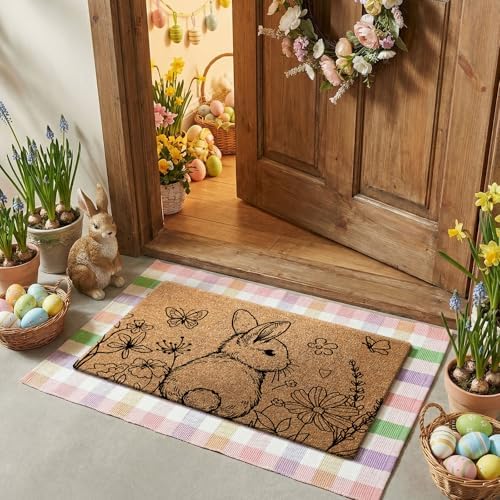 Duraaamo 2 Pcs Easter Coir Doormat Outdoor Rug Pastel Egg Welcome Door Mat Layered Buffalo Plaid Colorful Plaid Rug Coir Easter Mat for Outdoor Front Porch Entryway Decor - Image 2