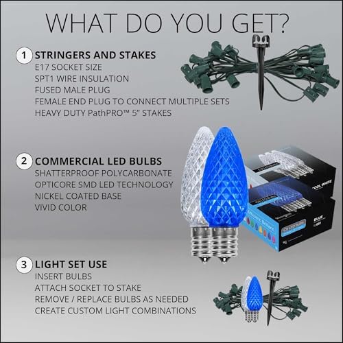 Wintergreen Lighting 100’ OptiCore LED Blue and White Christmas Pathway Lights, C9 Outdoor Christmas Lights, 4.5” Stakes, Green Wire Plug String Lights - Image 6