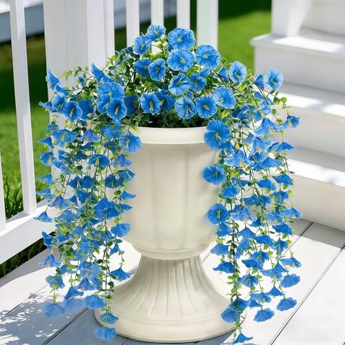 6 Pcs Blue Artificial Hanging Flowers, 30 Inch Blue Morning Glory Vines UV Resistant Fake Hanging Plants Silk Hanging Flowers for Outdoor Garden Patio Window Box Coastal Summer Decor - Image 3
