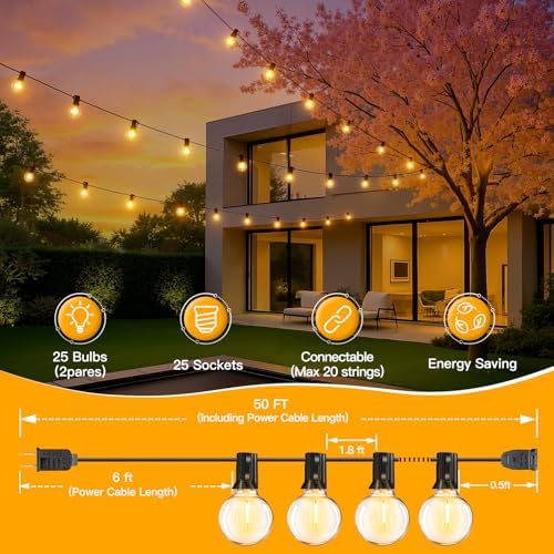 Ollny Outdoor String Lights, 49FT Patio Lights with 27 Shatterproof G40 Edison Bulbs, Waterproof Outdoor Hanging Light for Porch, Backyard, Garden, 2700K - Image 3