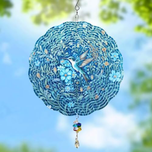 10 Inch 3D Hummingbird Wind Spinner with Crystal Pendant, Teal Floral Metal Mandala Hanging Spinner, Kinetic Wind Sculpture for Outdoor Yard, Garden, Patio, Balcony Decor by Renyalora