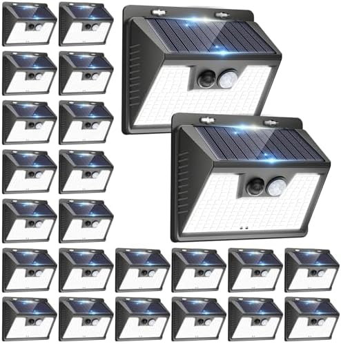 Peasur Solar Powered Lights Outdoor, 140 LED 24Pack Motion Sensor Light Outside, IP65 Waterproof Fence Security Lighting with 3 Modes for Yard Wall Garden Cool White by Peasur
