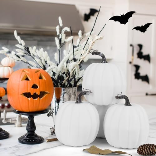 Artmag 6 Inch Large Artificial Pumpkins, 4PCS Big White Faux Foam Harvest Pumpkins for Fall Autumn Thanksgiving Seasonal Holiday Decor - Image 2