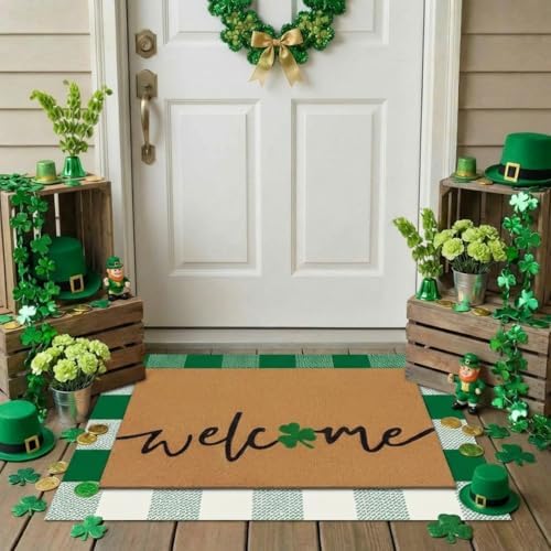 Drydiet Layered Welcome Door Mat with Clover, Green White Plaid Non Slip by Drydiet