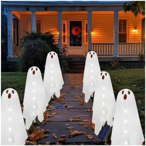 Solar Halloween Ghost Pathway Lights - 6Pack Waterproof Ghost Lights with 8 Modes for Outdoor Yard Porch Garden Lawn Halloween Pathway Decor, White by Seilvda