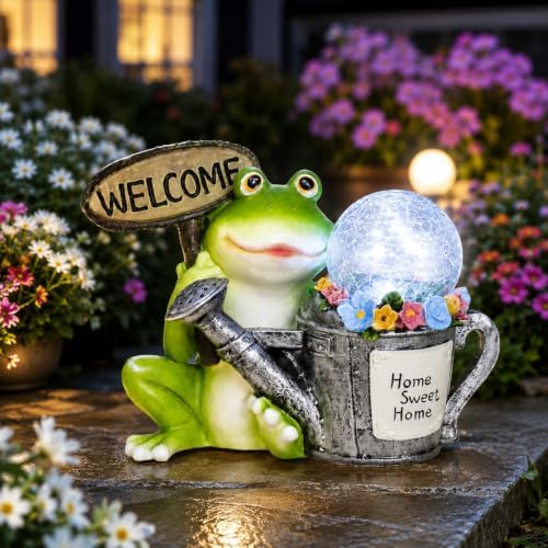 Garden Outdoor Statues, Resin Frog Solar Lights with Glowing Watering Can - Image 6