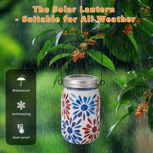 Starsoul 4 Pack Solar Lanterns Outdoor Waterproof, Mosaic Flowers Glass Solar Hanging Outdoor Lights, Decorative Solar Lantern for Outside Pathway Patio Porch Yard Decor - Image 3