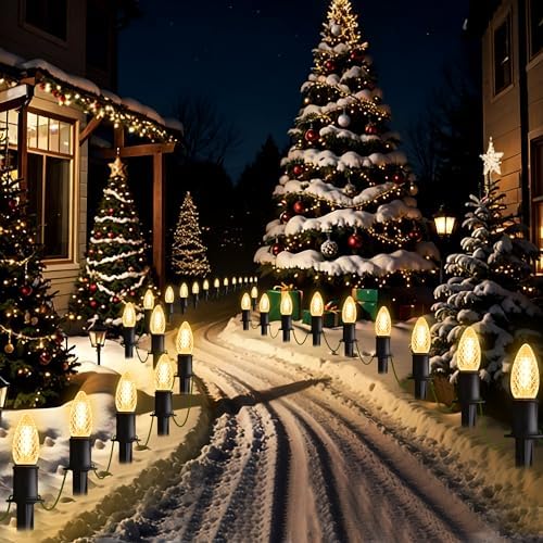 GAGALIFE 29Ft C9 Christmas Pathway Lights Outdoor - 25 LED Lights with 25 Marker Stakes for Walkway, Waterproof Plug in C9 Christmas Light Outdoor for Driveway, Yard, Lawn Decorations, Warm White - Image 2