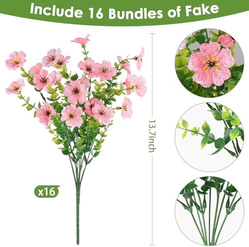 16PCS Artificial Pink Flowers for Outdoors, Fake Silk Pink Flowers - Image 2