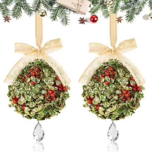 2 PCS Christmas Mistletoe Decoration Artificial Mistletoe Hanging Crystal Ornament Kissing Ball with Berry Bow for Doorway Home Xmas Tree Friendship Holiday Party Arch Ceiling Decor (Gold) by Unknown