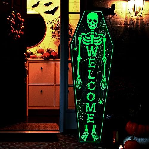 Halloween Decorations Outdoor Glow in the Dark: Large Scary Coffin Skeleton Welcome Sign Front Porch with Spider and Spiderwebs 3Pcs, Splicable Halloween Door Decorations for Home Wall Front Door - Image 5