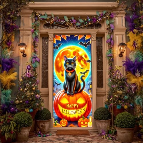 Halloween Door Banner 71x35 Spooky Black Cat & Pumpkin Yard Decor - Image 2
