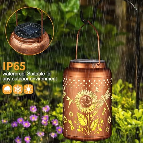 Solar Lanterns Outdoor Waterproof Hummingbird Garden Decor Christmas Gifts for Women Mom Grandma Hanging Lights Metal Decoration Outside for Yard, Patio,Backyard,Porch(Dragonfly and Sunflower) - Image 2
