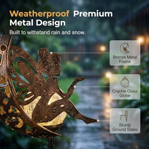 Hummingbird Moon Solar Garden Stake Light,Solar Garden Lights Outdoor Decor,Crackle Glass Fairy Lights,Solar Lights for Garden,Metal Stake Ornament for Patio Lawn Pathway Decor (Hand-held) - Image 5