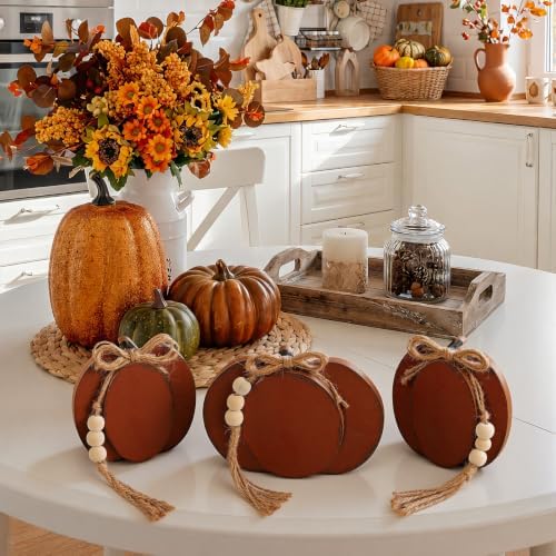 Cinnvoice 3 Pcs Fall Pumpkin Decor, Brown Wooden Tabletop Signs, 4.7 in - Image 6