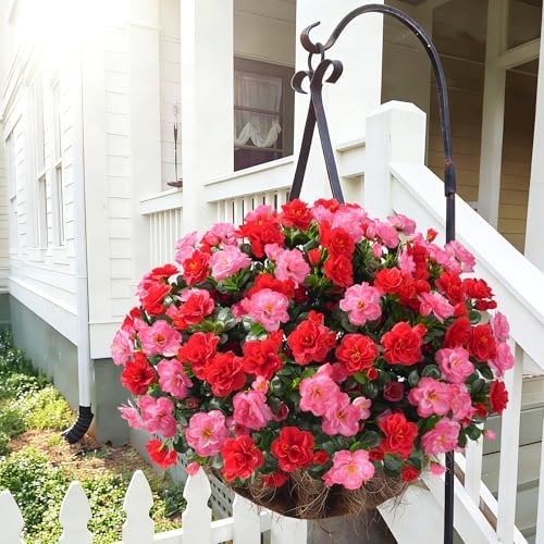 Artificial Faux Outdoor Flowers Plants for Spring Summer Decoration, Fake Silk Camellia UV Resistant Look Real for Planter Outside Front Door Porch Patio Balcony, 3 Large Bundles (Melon Red+Red) - Image 2