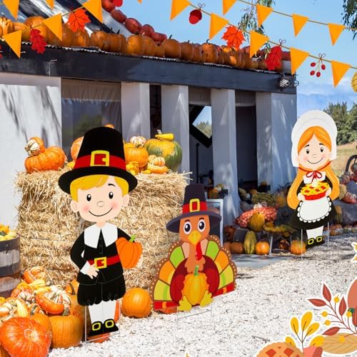 3 Pcs Thanksgiving Pilgrims Turkey Yard Signs with Stakes Fall - Image 3