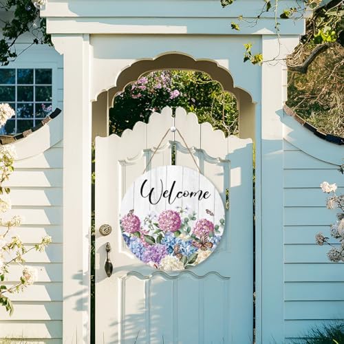 Welcome Spring Sign for Front Door, Spring Hydrangea Wooden Sign Indoor Wall Hanging Decor, Seasonal Welcome Floral Round Wood Hanging Decoration for Farmhouse Home Front Door Porch - Image 3